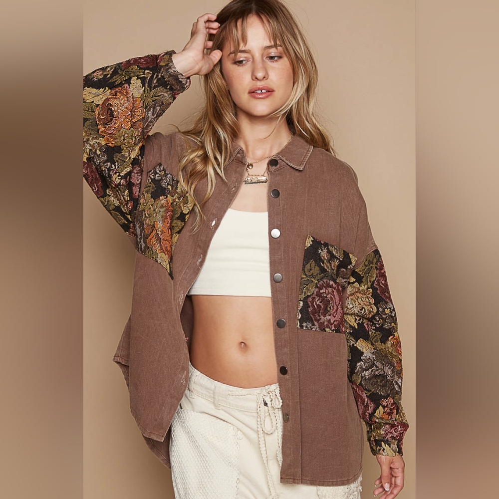 Floral Contrast Jacquard Sleeve Shacket - POL